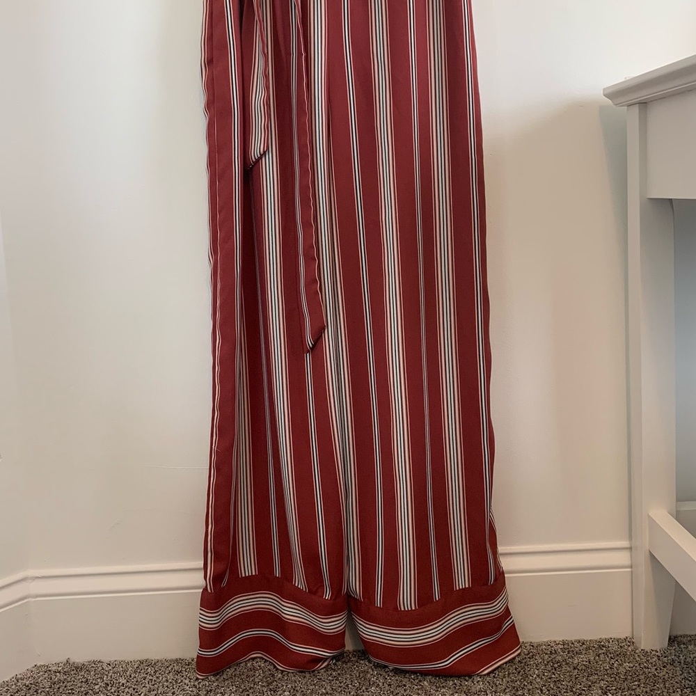 Xhileration Striped Halter Jumpsuit, Maroon and Tan, Size Small - Picture 2 of 6